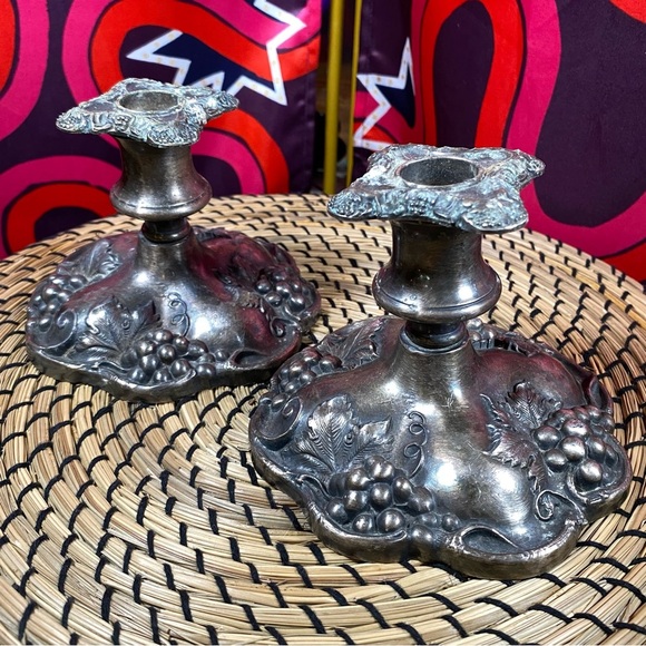Vintage Viking EP Lead Tapered Candle Holders Candle Sticks Pair Marked Grapes - Picture 1 of 8
